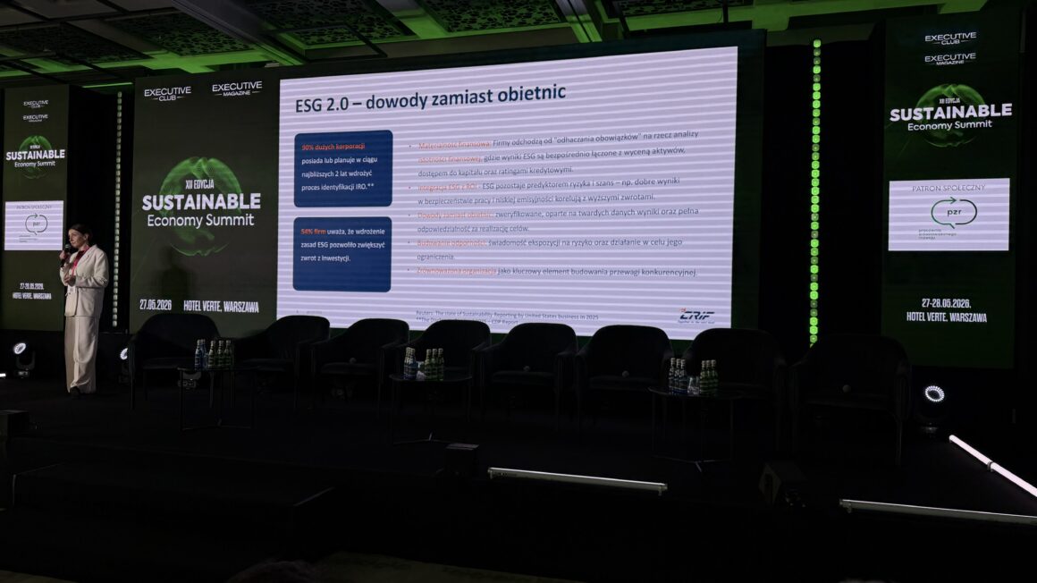 Scena konferencyjna podczas Sustainable Economy Summit w Warszawie. Po lewej stronie prelegentka prowadzi prezentację, a na dużym ekranie widoczny jest slajd dotyczący ESG pod tytułem „ESG 2.0 – dowody zamiast obietnic”. W tle znajdują się logotypy wydarzenia oraz informacja o patronacie społecznym Pracowni Zrównoważonego Rozwoju.