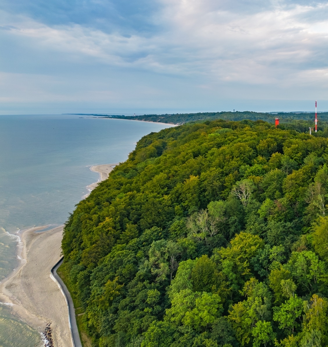 Widok z lotu ptaka na zalesione wybrzeże Bałtyku. Gęsty zielony las porasta wysokie klify, u których stóp ciągnie się szeroka, piaszczysta plaża i spokojne morze. W oddali widać linię brzegową oraz czerwono-białe wieże na skraju lasu. Nad krajobrazem rozciąga się zachmurzone niebo z ciężkimi chmurami. Zdjęcie przedstawia nadmorski krajobraz Pomorza, podkreślający walory przyrodnicze regionu i znaczenie ochrony wybrzeża w kontekście zmian klimatu.