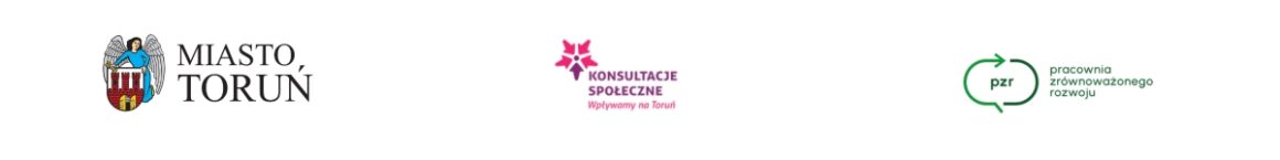 Biały baner z trzema logotypami: Miasta Toruń po lewej, Konsultacji Społecznych „Wpływamy na Toruń” pośrodku oraz Fundacji Pracownia Zrównoważonego Rozwoju po prawej.